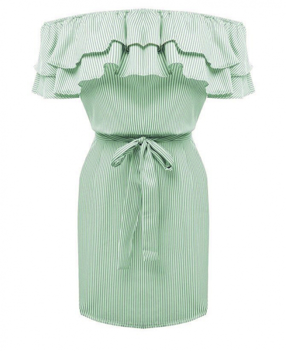 Strapless Striped Ruffles Dress Women Summer Sundresses Beach Casual Shirt Short Mini Party Dresses