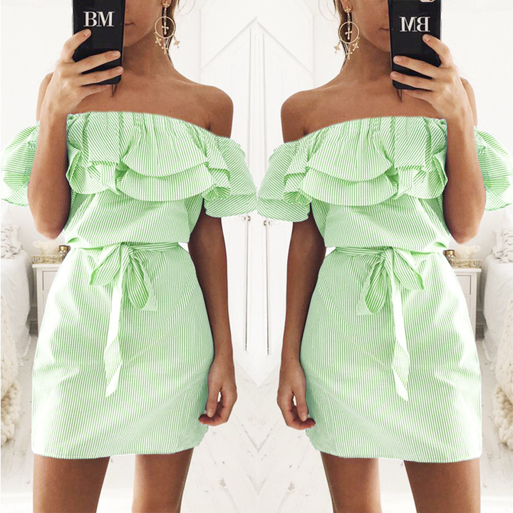 Strapless Striped Ruffles Dress Women Summer Sundresses Beach Casual Shirt Short Mini Party Dresses