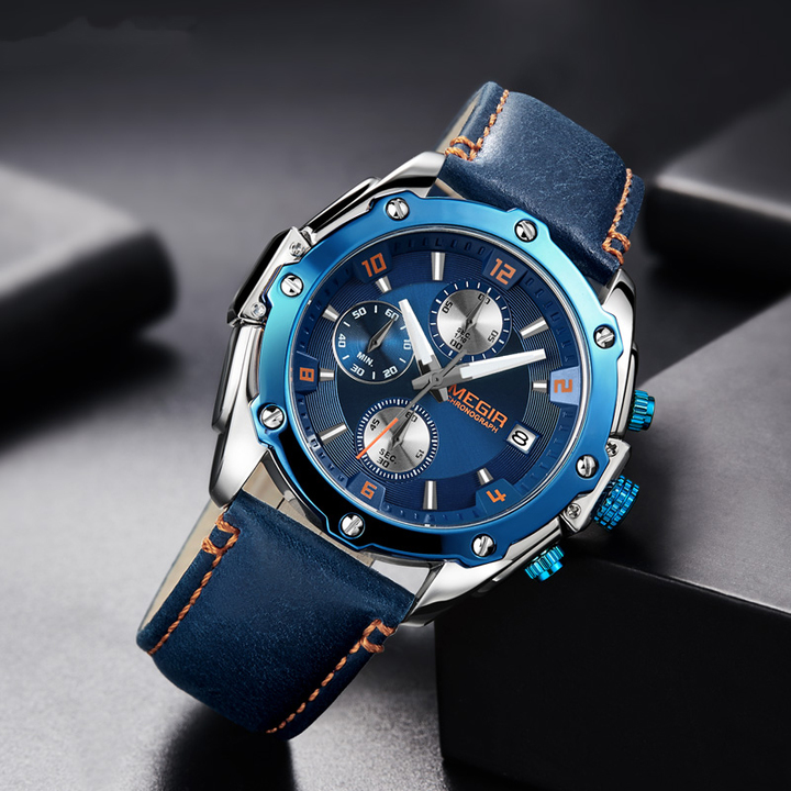 multi-function Alarm Chronograph men Watch Blue Business Leather Quartz Watch Men Military watches