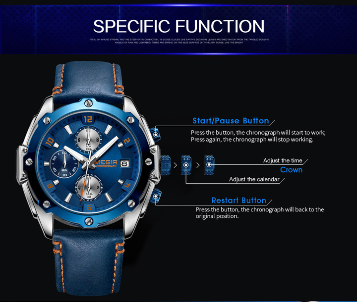 multi-function Alarm Chronograph men Watch Blue Business Leather Quartz Watch Men Military watches