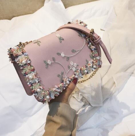 Lace Women bag handbag PU Leather Sweet Girl Square bag Flower Pearl Chain Shoulder Messenger Bag