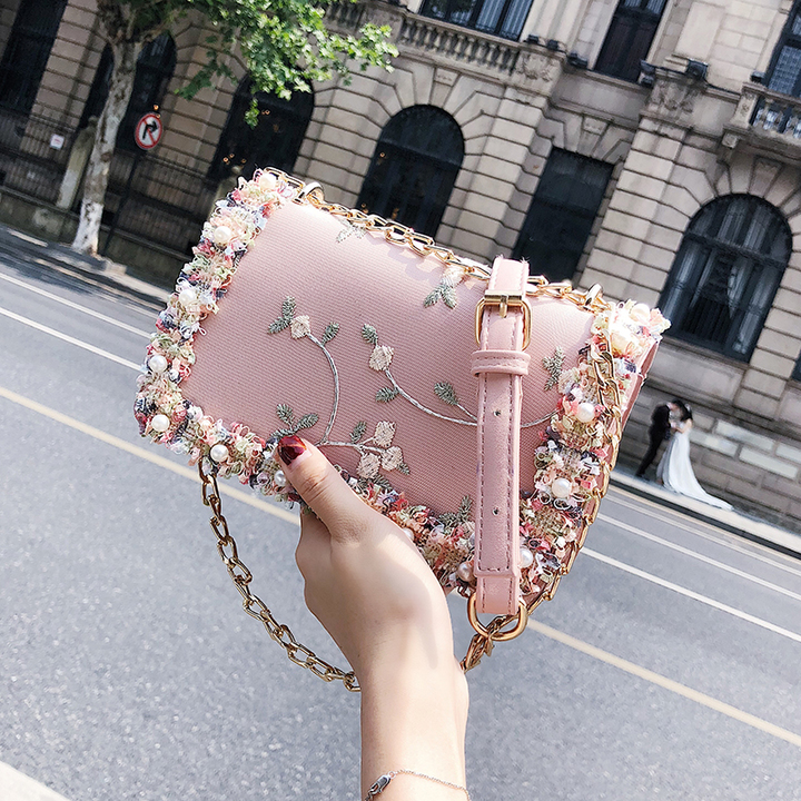 Lace Women bag handbag PU Leather Sweet Girl Square bag Flower Pearl Chain Shoulder Messenger Bag