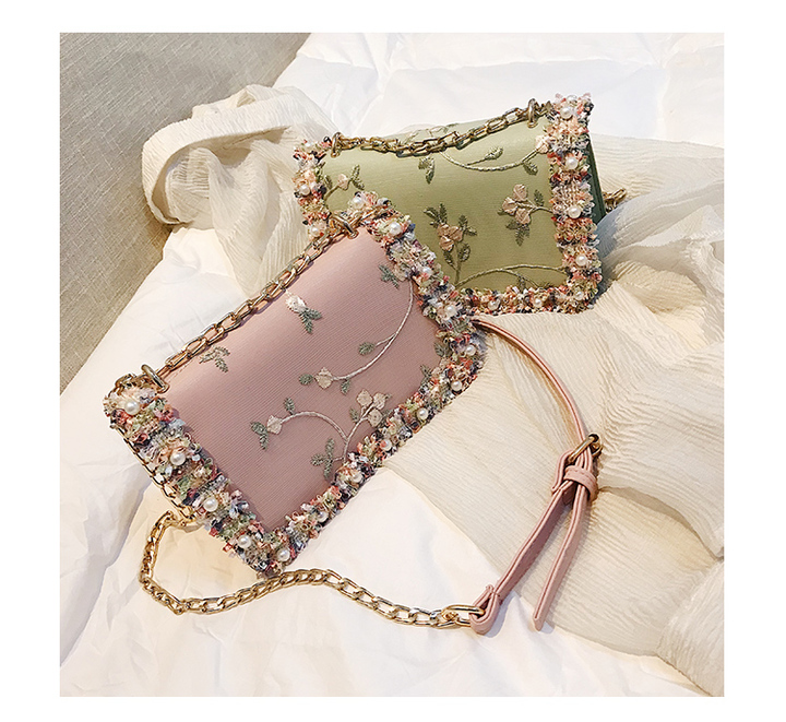 Lace Women bag handbag PU Leather Sweet Girl Square bag Flower Pearl Chain Shoulder Messenger Bag