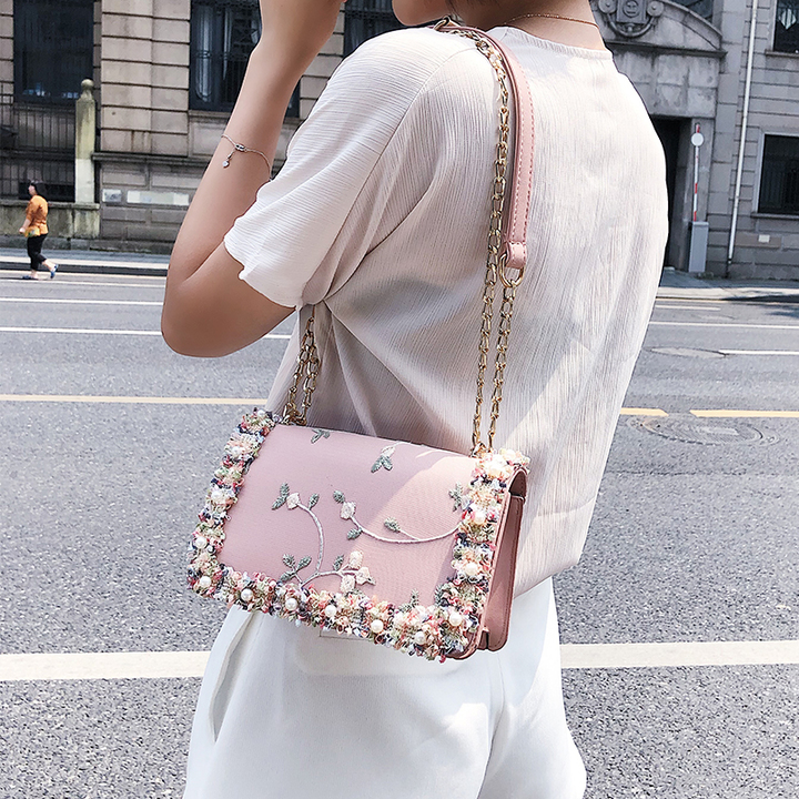 Lace Women bag handbag PU Leather Sweet Girl Square bag Flower Pearl Chain Shoulder Messenger Bag