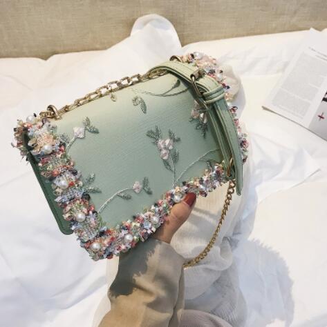 Lace Women bag handbag PU Leather Sweet Girl Square bag Flower Pearl Chain Shoulder Messenger Bag