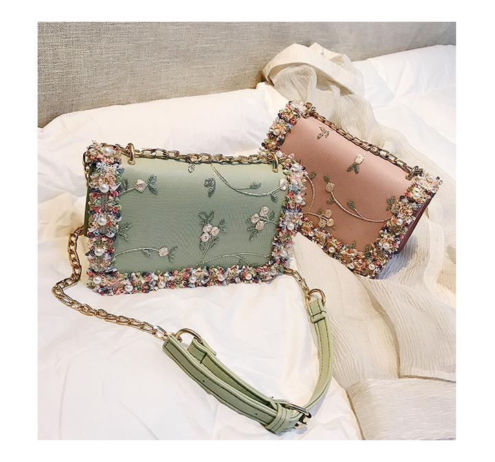 Lace Women bag handbag PU Leather Sweet Girl Square bag Flower Pearl Chain Shoulder Messenger Bag