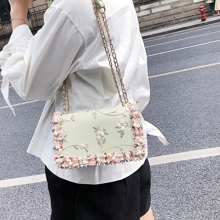 Lace Women bag handbag PU Leather Sweet Girl Square bag Flower Pearl Chain Shoulder Messenger Bag