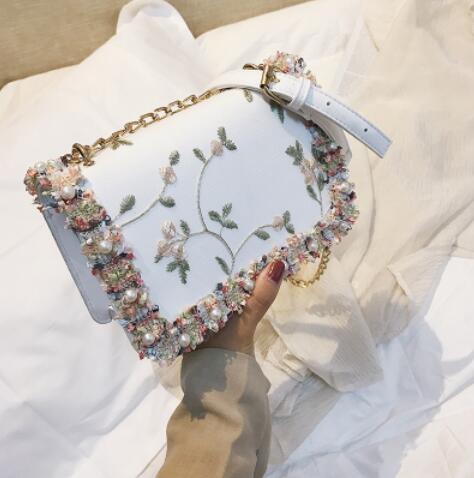 Lace Women bag handbag PU Leather Sweet Girl Square bag Flower Pearl Chain Shoulder Messenger Bag