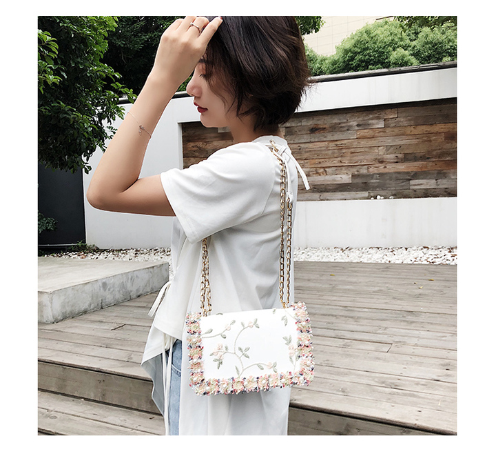 Lace Women bag handbag PU Leather Sweet Girl Square bag Flower Pearl Chain Shoulder Messenger Bag