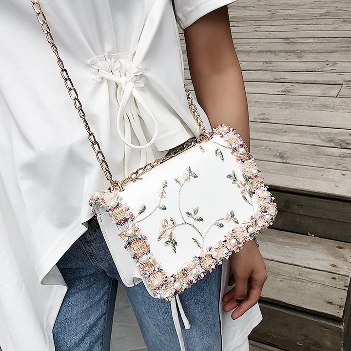 Lace Women bag handbag PU Leather Sweet Girl Square bag Flower Pearl Chain Shoulder Messenger Bag