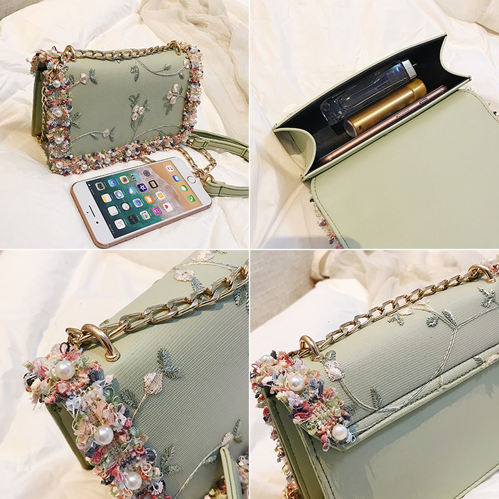 Lace Women bag handbag PU Leather Sweet Girl Square bag Flower Pearl Chain Shoulder Messenger Bag