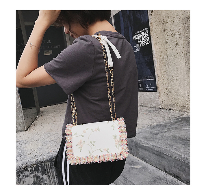 Lace Women bag handbag PU Leather Sweet Girl Square bag Flower Pearl Chain Shoulder Messenger Bag