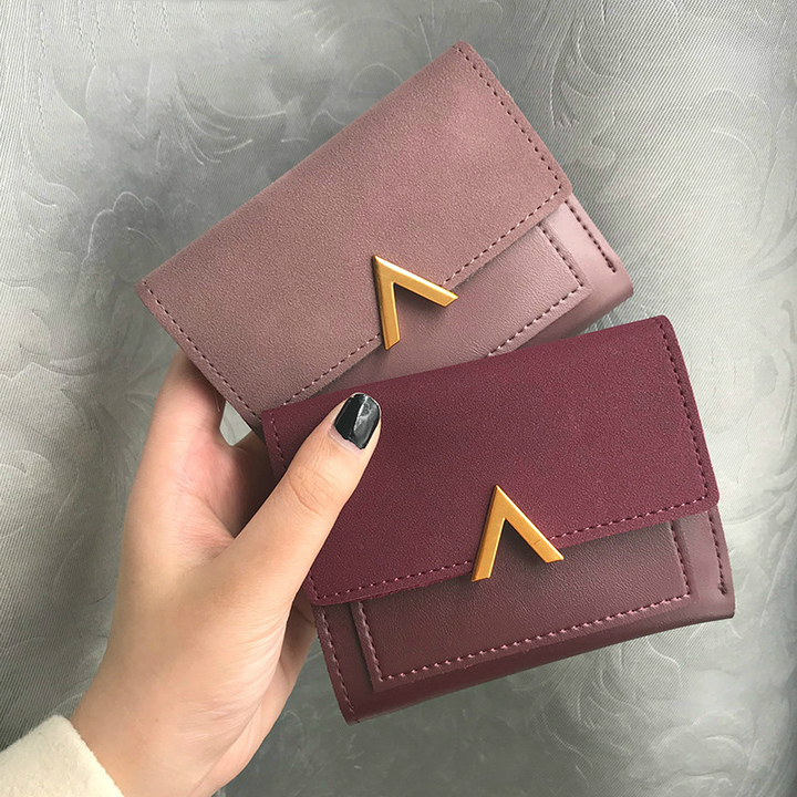 Female stitching metal V-shaped decorative abrasive retro short wallet students simple buckle Wallet