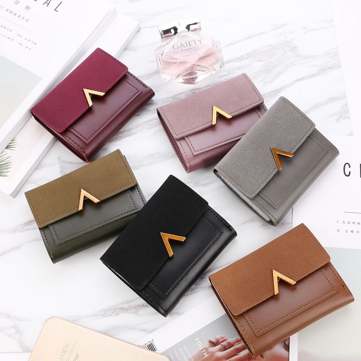Female stitching metal V-shaped decorative abrasive retro short wallet students simple buckle Wallet