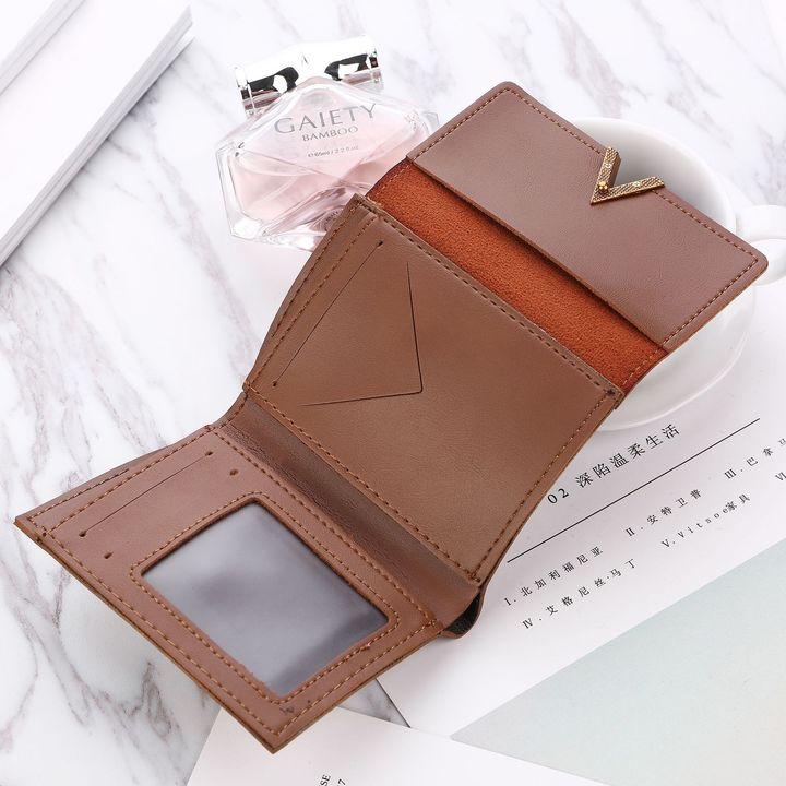 Female stitching metal V-shaped decorative abrasive retro short wallet students simple buckle Wallet