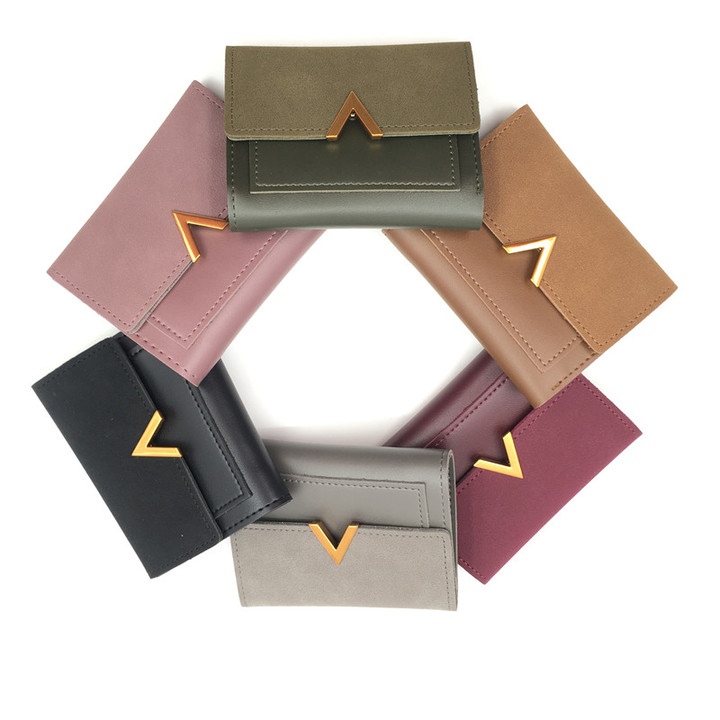 Female stitching metal V-shaped decorative abrasive retro short wallet students simple buckle Wallet