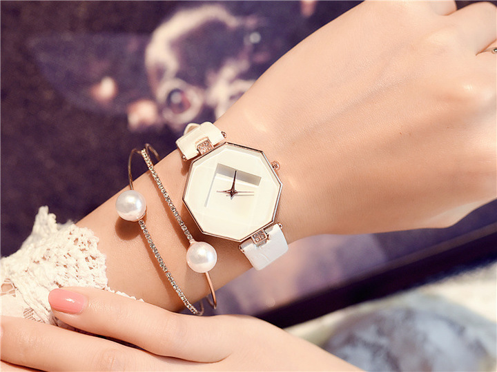 Women Watches Gem Cut Geometry Crystal Leather Quartz Wristwatch Fashion Dress Watch Ladies