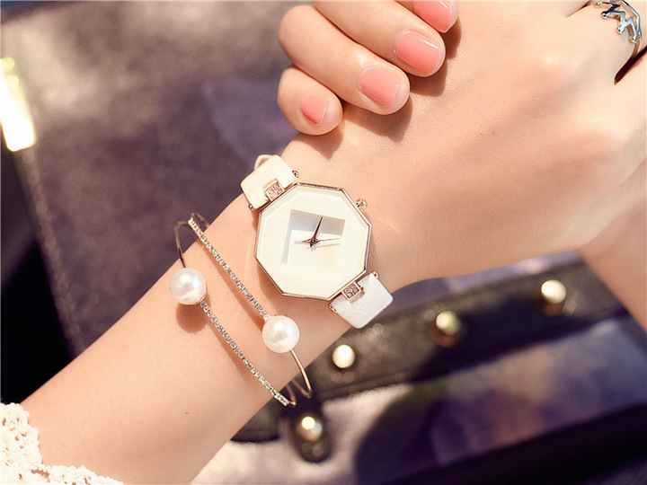 Women Watches Gem Cut Geometry Crystal Leather Quartz Wristwatch Fashion Dress Watch Ladies