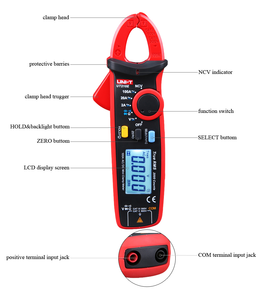 UT210E Mini Digital Clamp Meters AC/DC Current Voltage Auto Range VFC Capacitance Multimeter