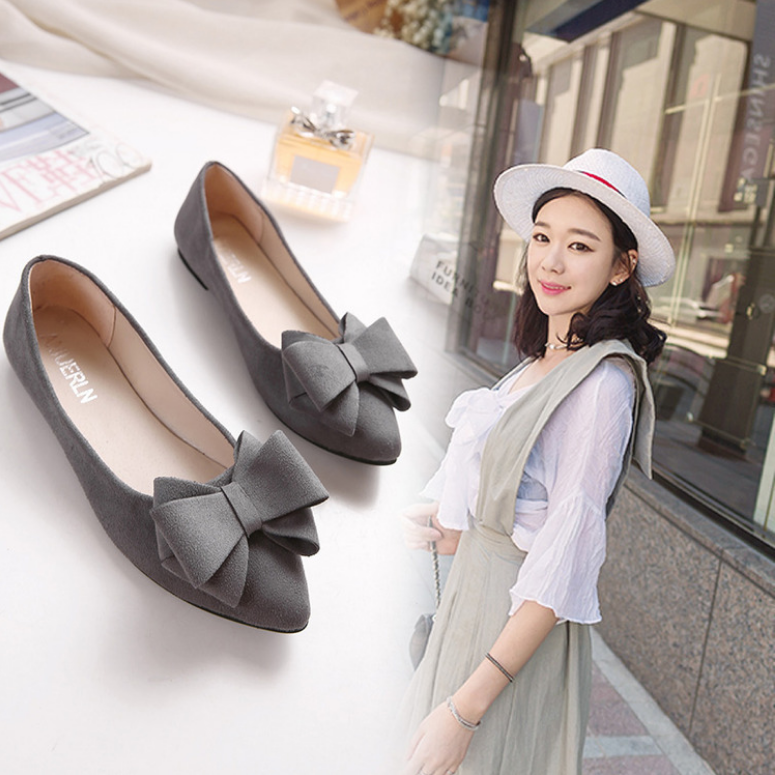 Shallow mouth pointed suede single shoes flat bottom scoop shoes female flat with bow