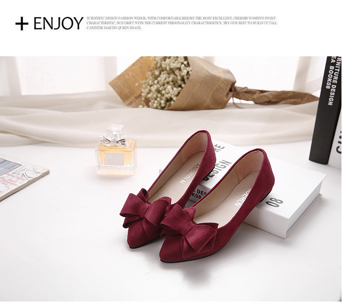 Shallow mouth pointed suede single shoes flat bottom scoop shoes female flat with bow