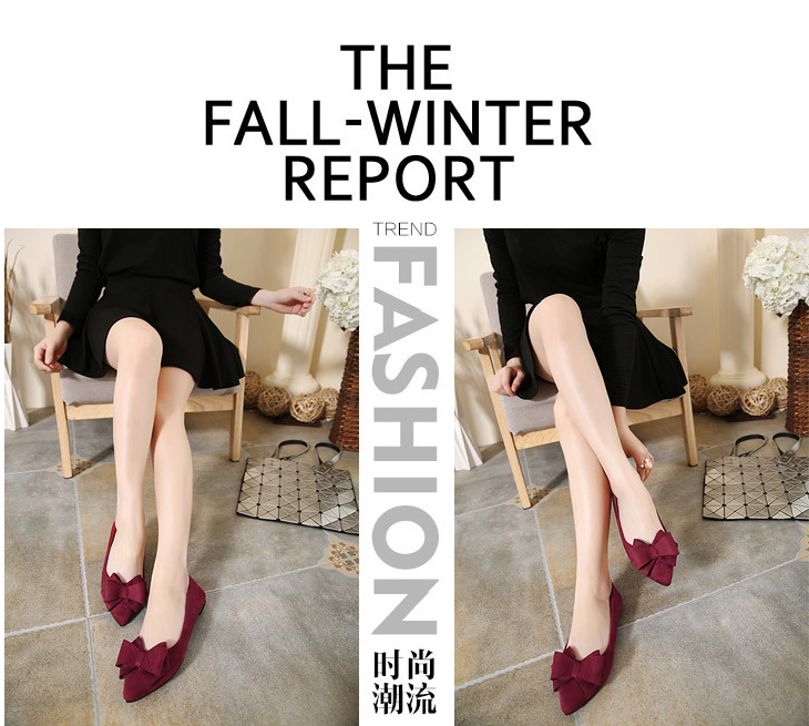 Shallow mouth pointed suede single shoes flat bottom scoop shoes female flat with bow