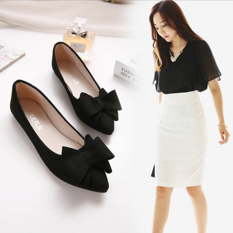 Shallow mouth pointed suede single shoes flat bottom scoop shoes female flat with bow
