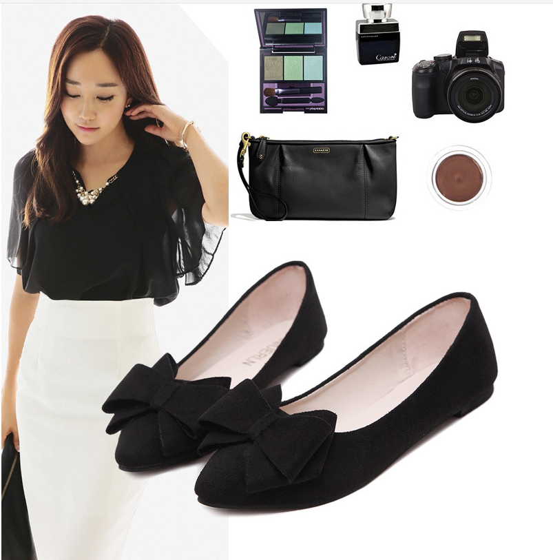 Shallow mouth pointed suede single shoes flat bottom scoop shoes female flat with bow