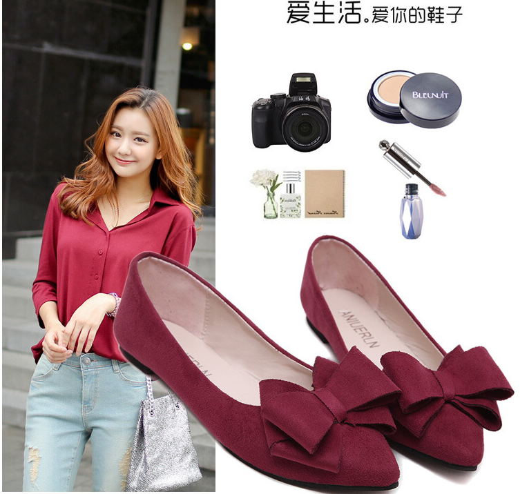 Shallow mouth pointed suede single shoes flat bottom scoop shoes female flat with bow
