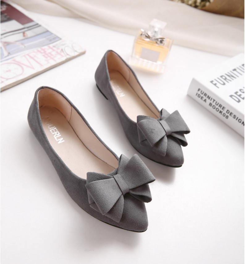 Shallow mouth pointed suede single shoes flat bottom scoop shoes female flat with bow