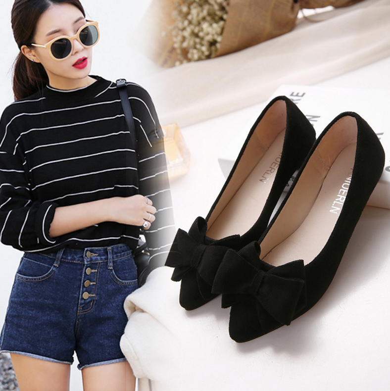 Shallow mouth pointed suede single shoes flat bottom scoop shoes female flat with bow