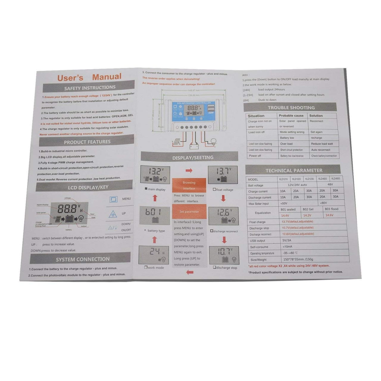 60/50/40/30/20/10A 12/24V Auto Solar Charge Controller PWM Controllers LCD Dual USB 5V Output Solar