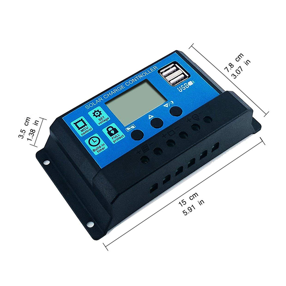 10A/20A/30A 12/24V Auto Solar Charge Controller PWM Controllers LCD Dual USB 5V Output Solar