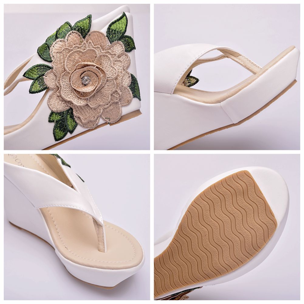 2020 Women Platform Wedge Sandals Herringbone Flip-Flop Slippers White Flower Embroidered Slippers
