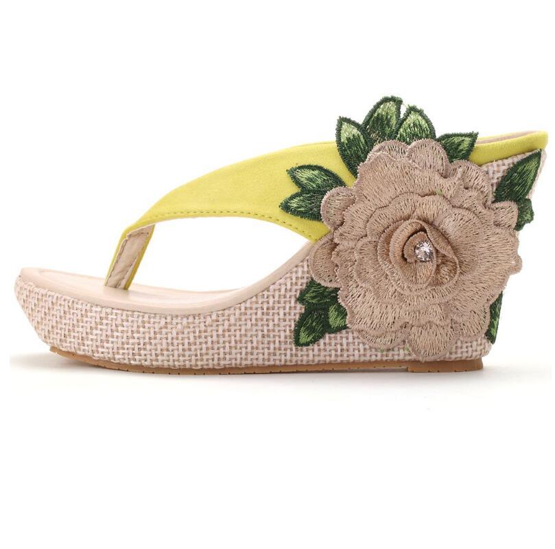 2020 Women Platform Wedge Sandals Herringbone Flip-Flop Slippers White Flower Embroidered Slippers