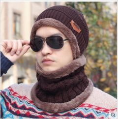 2 pieces Neck sets Hats Men Girl Winter Head hooded Cap Earmuffs Head Caps Male beanie mask Brown one size
