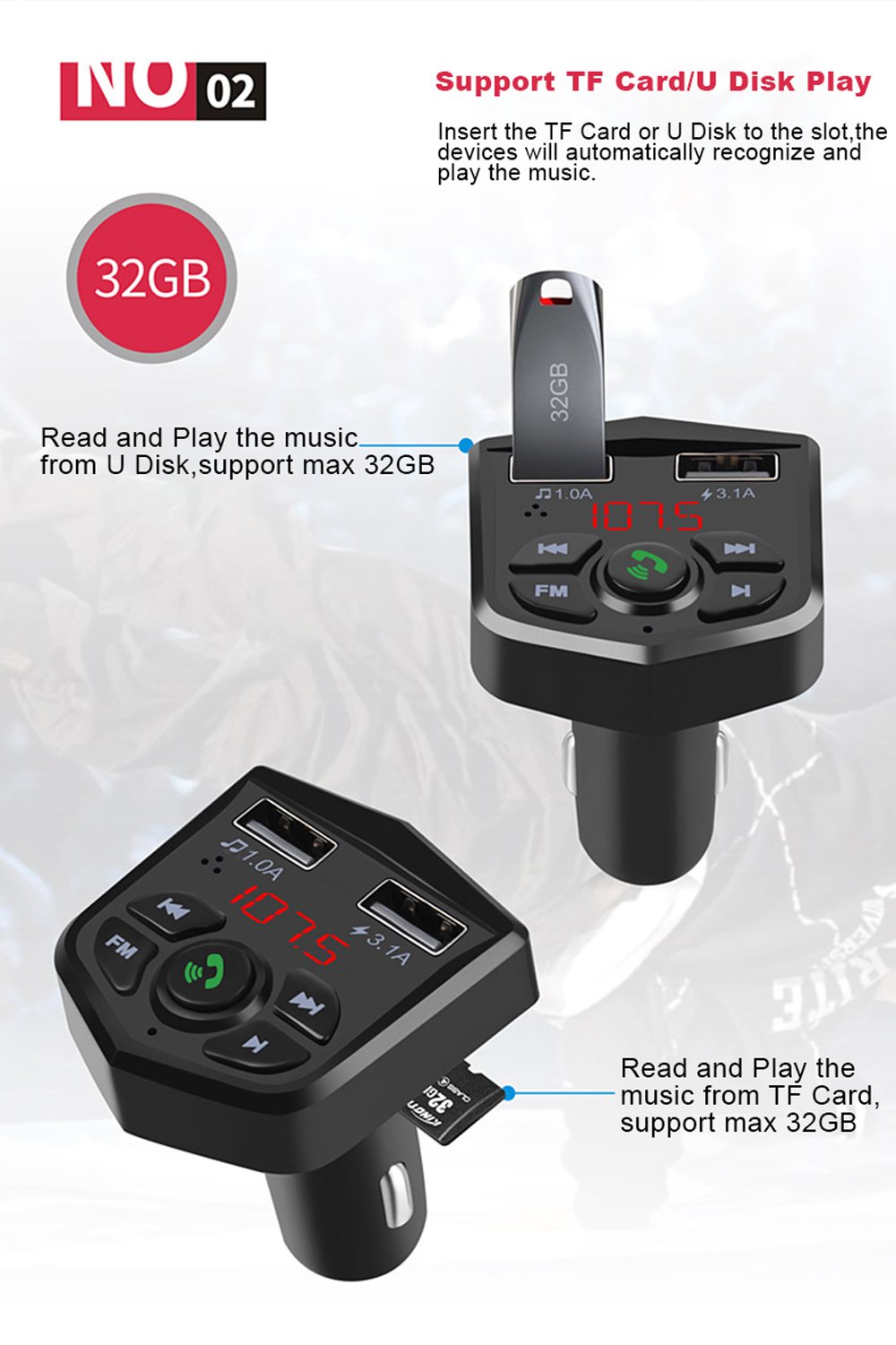 VR robot Bluetooth FM Transmitter Modulator Wireless Handsfree Car Kit 5V 3.1A Dual USB Charger