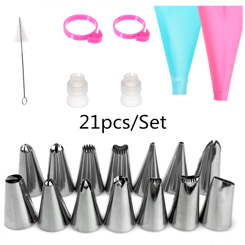 21PCS  Kitchen DIY Cake Icing Piping Cream Decorate Tool Reusable Pastry Bag+Stainless Nozzle Baking