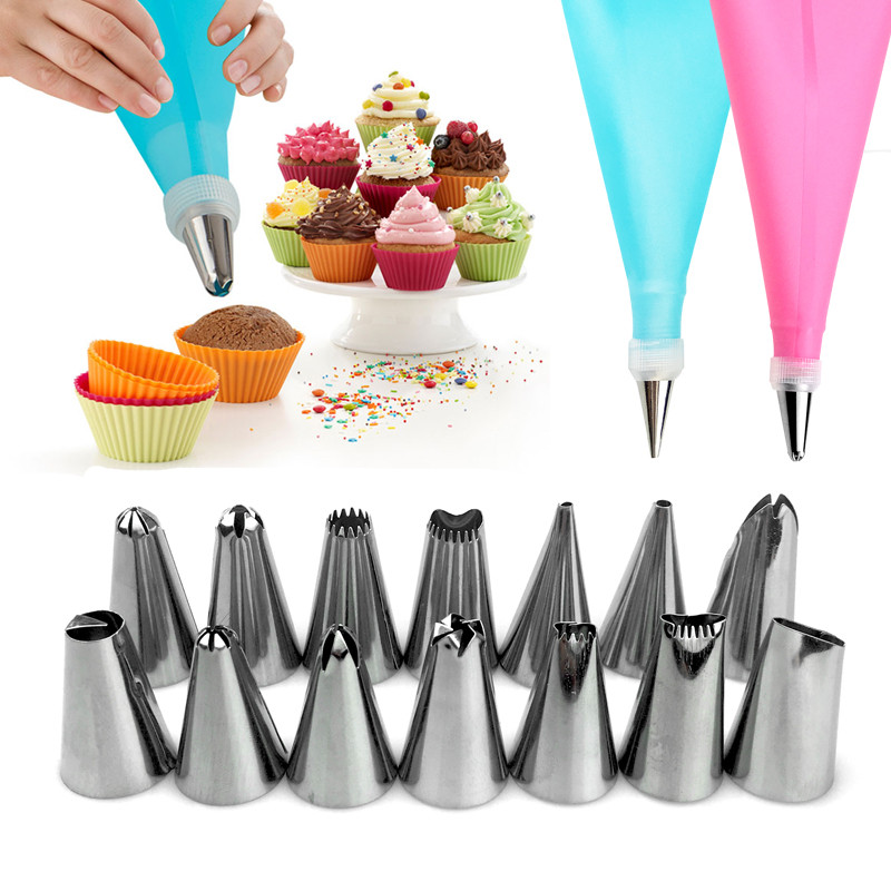 21PCS  Kitchen DIY Cake Icing Piping Cream Decorate Tool Reusable Pastry Bag+Stainless Nozzle Baking