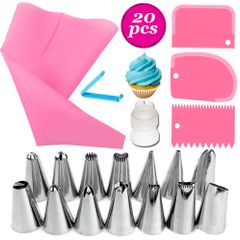 20Pcs/Set Kitchen DIY Cake Decorating Tools Icing Piping Nozzles Set Pastry Bag Scraper Flower Pink as picture