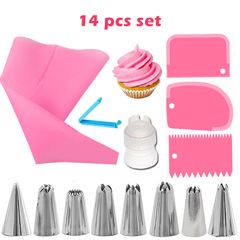 14Pcs/Set Kitchen DIY Cake Decorating Tools Icing Piping Nozzles Set Pastry Bag Scraper Flower Pink as picture