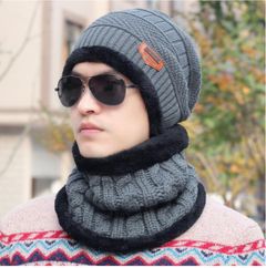 2 pieces Neck sets Hats Men Girl Winter Head hooded Cap Earmuffs Head Caps Male beanie mask Gray one size