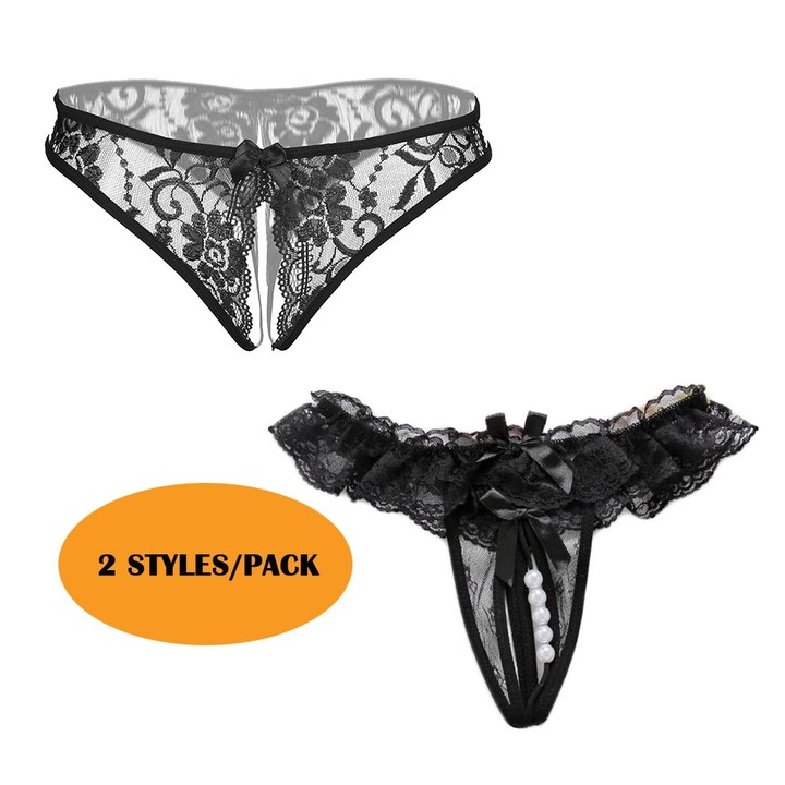 Women's Sexy Pearl Thong Crotchless Panties See Though Lace T-Back Underwear 2 Styles/Pack KZ6329