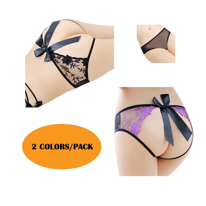 Women's Sexy Crotchless Panties See Though Underwear Open Back Lace Bodyshorts 2 Colors/Pack KZ6330