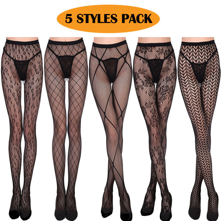 Women&apos;s 5 Styles Pack Fishnet Tights Suspender Pantyhouse Stockings High Waist Sexy Net Legging