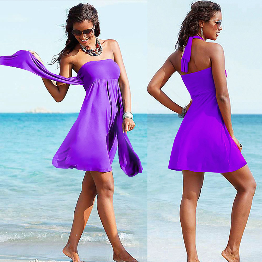 Women's Multi-functional Maxi Dress Pure Color Casual Beach Dresses Halter Off Shoulder Padded Skirt
