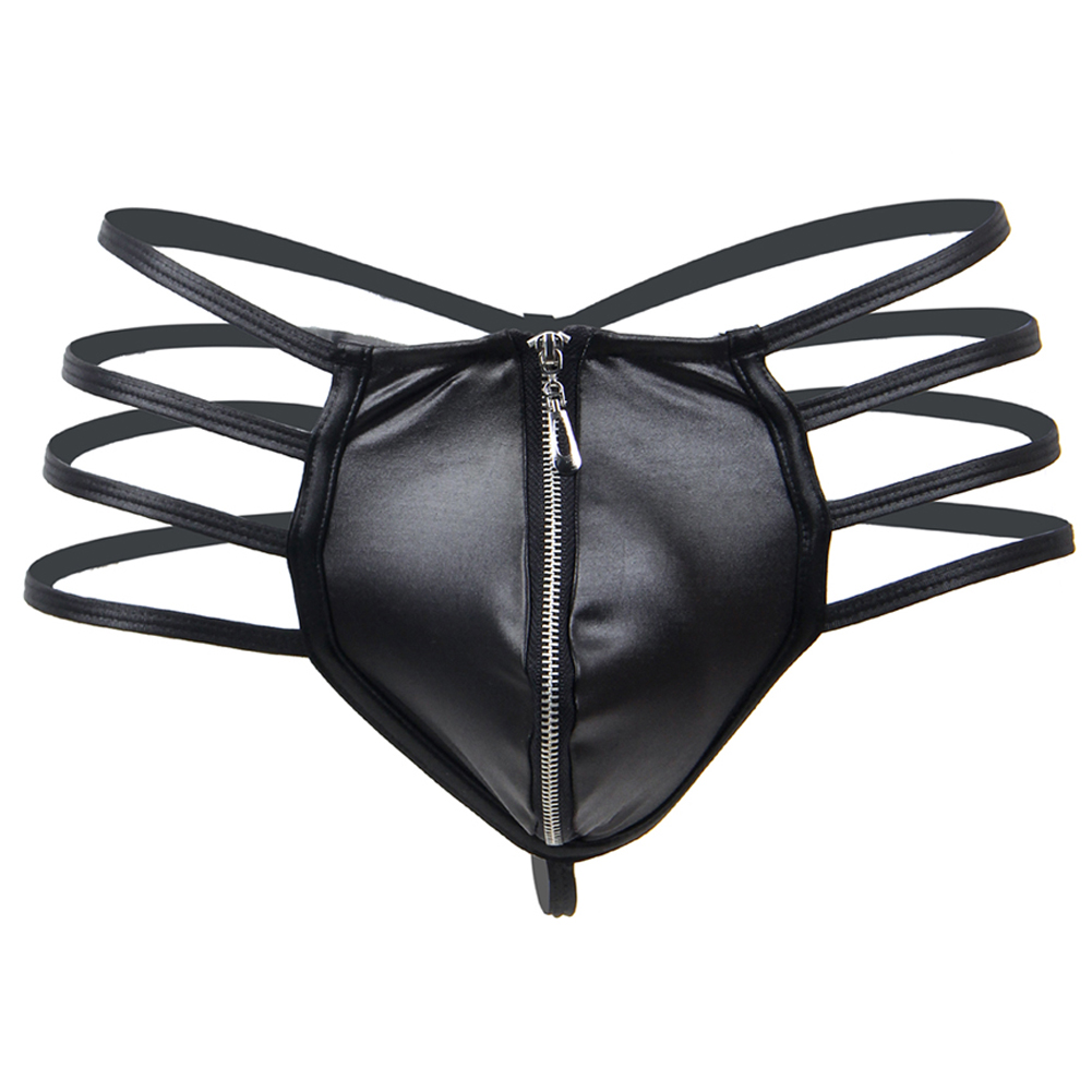 Men&apos;s PU Leather Thong Open-Crotch with Zipper Sexy Brief G String Lingerie Gift For Boyfriend