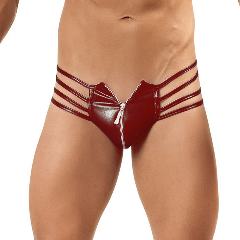 Men&apos;s PU Leather Thong Open-Crotch with Zipper Sexy Brief G String Lingerie Gift For Boyfriend
