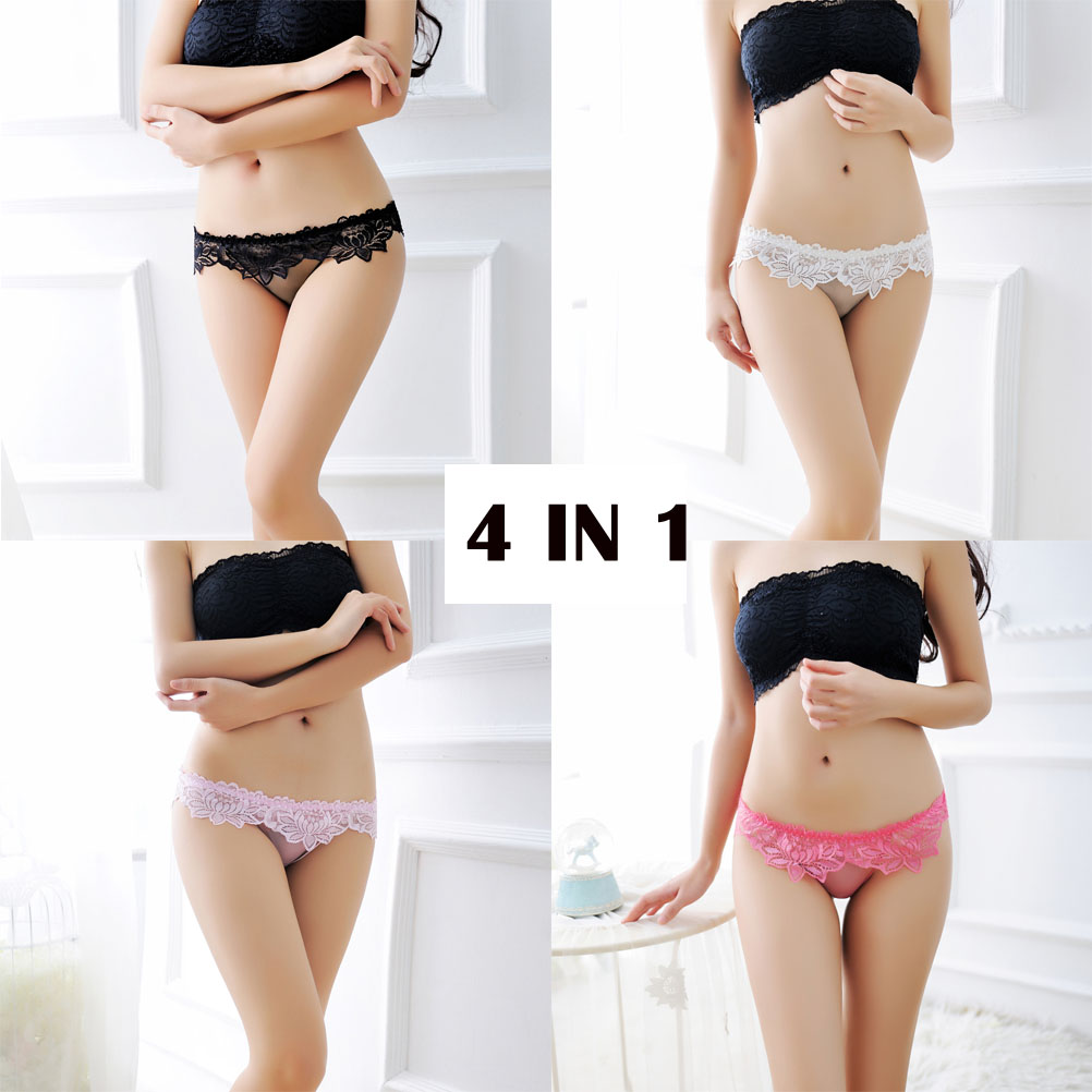 4 Colors Pack Women&apos;s Sexy Lace Brief Cute Breathable See-Through Panties Underwear for Women