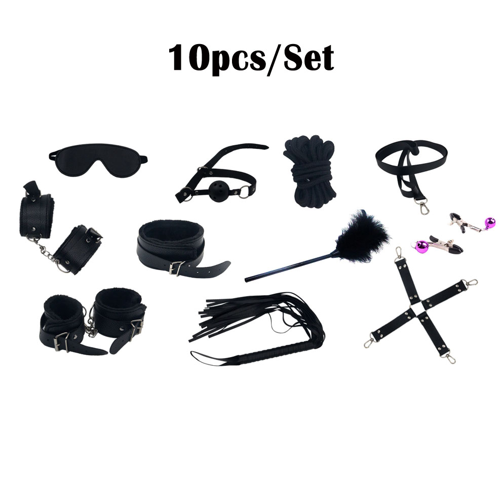 10pcs Pack Bondage Restraints BDSM Adult Sex Toys PU Leather Fetish Set Role Play Bed Game Handcuffs Mouth Ball Gag Foreplay Gift for Women Men Couples